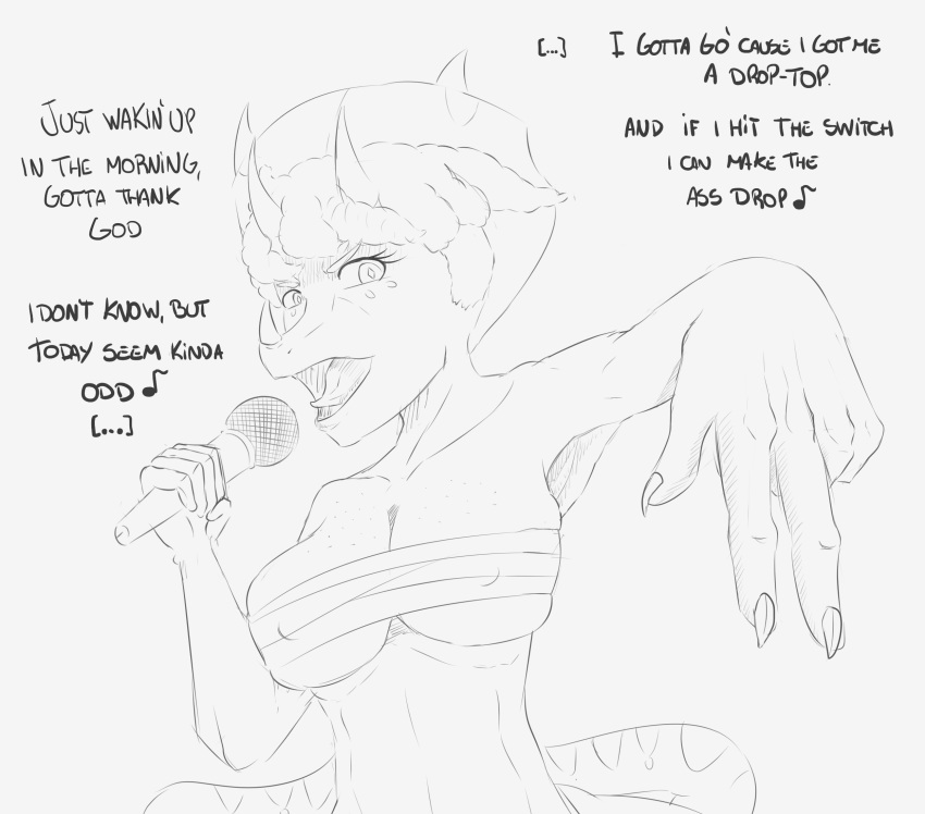 2023 3_horns anthro badfidhell bandage big_breasts breasts bulging_breasts ceratopsian claws cleavage cleavage_overflow clothed clothing dialogue dinosaur english_text eyelashes female fingers freckles freckles_on_breasts frill_(anatomy) goodbye_volcano_high hair hi_res horn long_tail looking_at_viewer lyrics microphone monochrome multi_horn nipple_outline open_mouth ornithischian rapping reptile scalie short_hair snoot_game_(fan_game) solo tail text tongue triceratops trish_(gvh) under_boob wrappings
