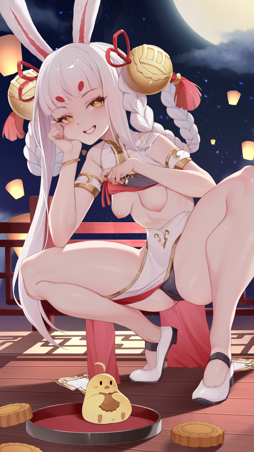 1girl absurdres animal_ears arm_on_knee azur_lane bare_legs bare_shoulders bell black_panties blush braid breasts clothes_lift clothes_pull clothing_aside commentary_request dress dress_aside dress_pull elbow_on_knee exhibitionism full_body full_moon grin hair_bell hair_ornament hair_rings half-closed_eyes hand_on_own_cheek hand_on_own_face head_rest high_heels highres kanon_(sinto) leaning_forward leg_hold legs lifted_by_self midriff moon nail_polish naughty_face navel night night_sky nipples no_bra outdoors panties pink_nails public_indecency pulled_by_self rabbit_ears rabbit_girl shimakaze_(azur_lane) shimakaze_(clumsy_moon_rabbit)_(azur_lane) shirt shirt_lift sideless_outfit sky sleeveless sleeveless_shirt small_breasts smile solo spread_legs squatting teasing thighs tiptoes twin_braids underwear upskirt white_hair yellow_eyes