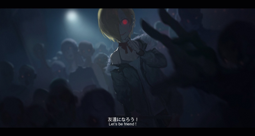 1girl 6+others blonde_hair blood blood_on_face camisole choker dark ear_piercing glowing glowing_eyes hair_over_one_eye highres idolmaster idolmaster_cinderella_girls jacket letterboxed multiple_others off_shoulder open_clothes open_jacket parted_lips piercing red_eyes ribbon_choker shioda_(shioda_5) shirasaka_koume short_hair smile zombie