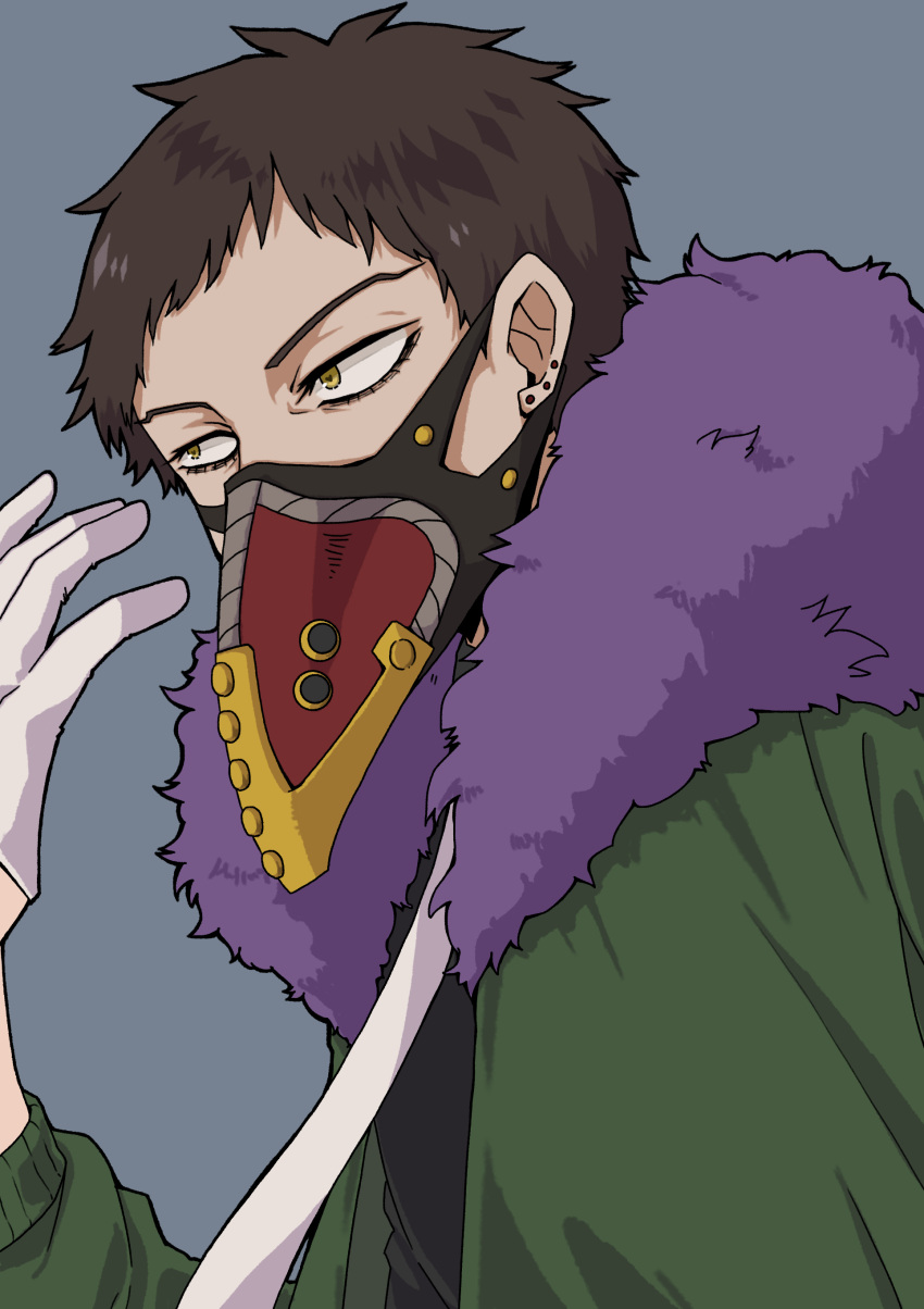 1boy absurdres black_shirt boku_no_hero_academia brown_hair ear_piercing feather-trimmed_jacket feathers gloves green_jacket highres jacket male_focus mask mouth_mask nagare_(nagare3) necktie overhaul_(boku_no_hero_academia) piercing plague_doctor_mask purple_feathers shirt short_hair solo very_short_hair white_gloves white_necktie yellow_eyes