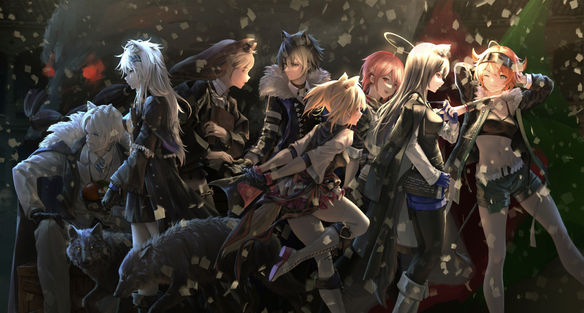 2boys 6+girls absurdres animal_ears arknights arms_behind_head black_hair blonde_hair boots brown_eyes brown_hair character_request cow_horns croissant_(arknights) crop_top exusiai_(arknights) fur_collar halo hand_on_own_leg highres horns jacket jacket_on_shoulders lappland_(arknights) lappland_(refined_horrormare)_(arknights) long_hair long_sleeves lu_(pixiv20967832) midriff multiple_boys multiple_girls open_mouth orange_hair red_eyes red_hair short_hair short_shorts short_twintails shorts sitting sora_(arknights) stomach texas_(arknights) texas_the_omertosa_(arknights) twintails white_hair wolf wolf_ears wolf_girl