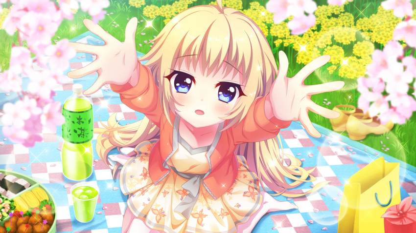 1girl ahoge animal_print bag blanket blonde_hair blue_eyes butterfly_print cherry_blossoms collarbone cup dot_nose dress film_grain flower food food_request from_above game_cg grass hair_down hanami handbag ice ice_cube itsumura_haruka izumi_tsubasu jacket lens_flare non-web_source official_art onigiri open_mouth orange_jacket outdoors outstretched_arms picnic plastic_bottle print_dress re:stage! reaching reaching_towards_viewer shoes shoes_removed sitting solo sparkle thighhighs wariza white_thighhighs yellow_bag yellow_dress yellow_flower yellow_footwear