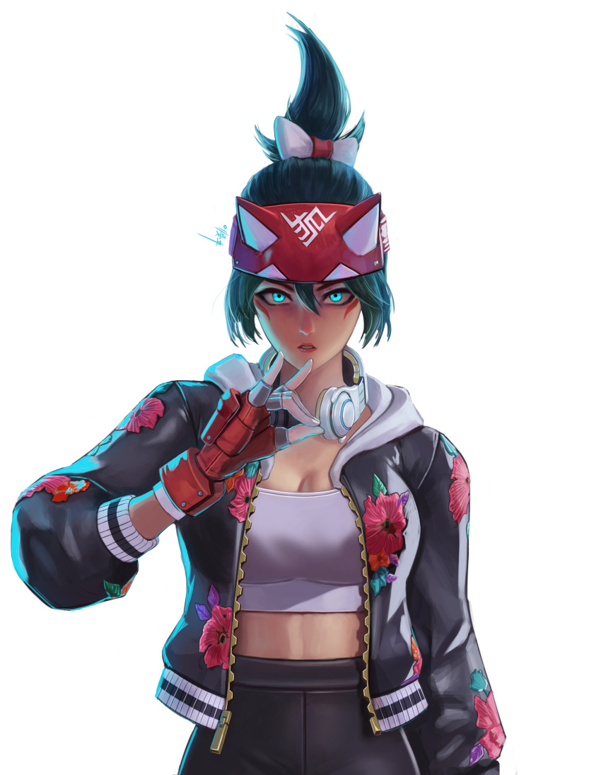 1girl absurdres eruthu gloves green_hair half_mask highres jacket kiriko_(overwatch) mask overwatch overwatch_2 red_gloves solo topknot white_background