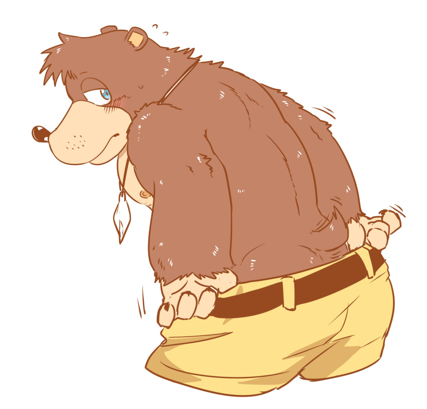 anthro banjo-kazooie banjo_(banjo-kazooie) bear blue_eyes blush bottomwear brown_body brown_fur butt clothing embarrassed fur hi_res jewelry male mammal moku_nameko necklace nipples pulling_down_shorts rareware shirtless shorts solo