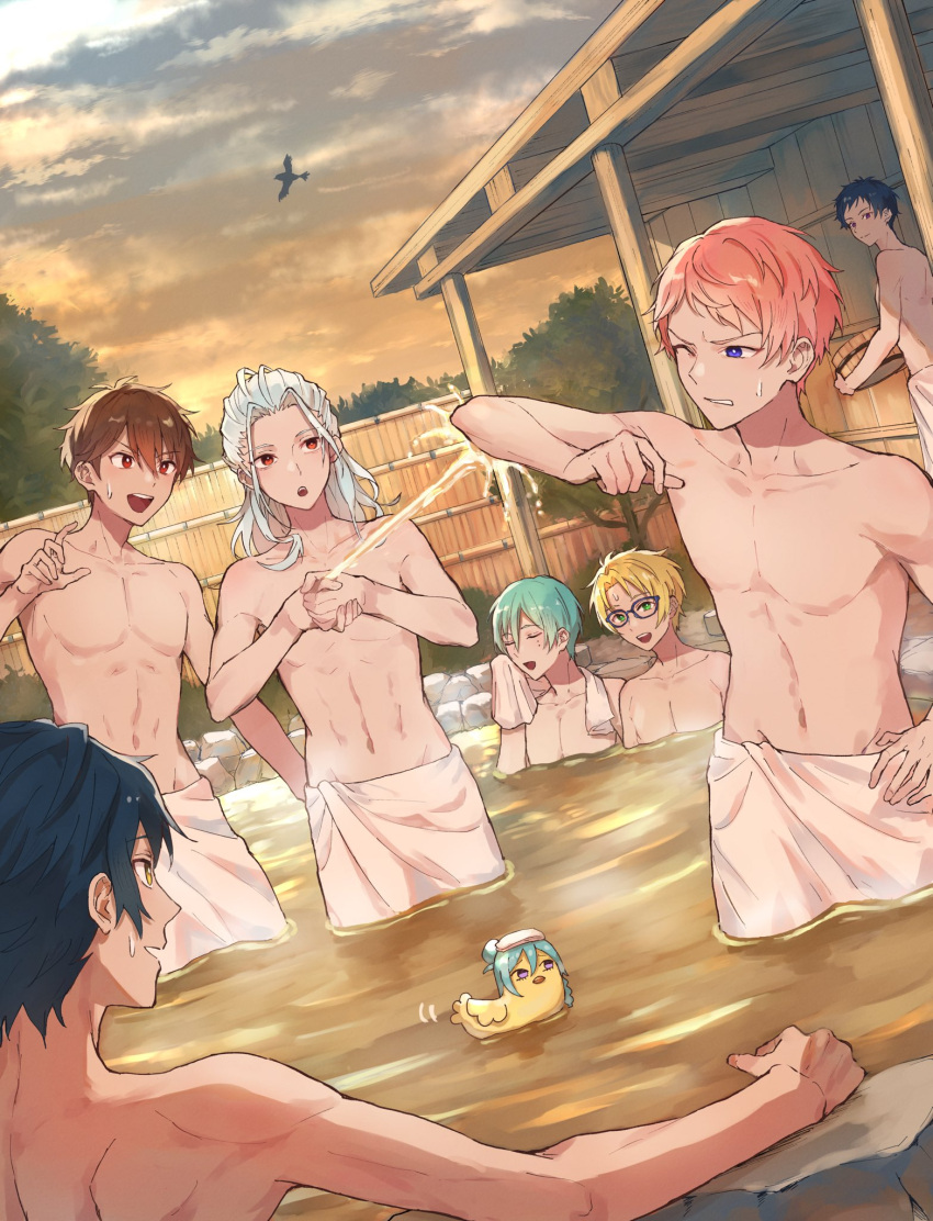 6+boys bird blonde_hair blue_hair bright_pupils brown_hair closed_eyes closed_mouth collarbone commentary cowboy_shot dark_blue_hair duck ensemble_stars! fushimi_yuzuru glasses green_eyes green_hair grey_hair hair_between_eyes hair_bun hibiki_wataru highres holding itsuki_shu kazehaya_tatsumi long_hair male_focus morisawa_chiaki multiple_boys navel one_eye_closed onsen open_mouth orange_eyes own_hands_together pink_hair purple_eyes ran_nagisa red_eyes sazanami_jun shared_bathing short_bangs short_hair splashing symbol-only_commentary teeth topless_male towel towel_around_neck towel_around_waist tree upper_teeth_only water wednesday_108 white_pupils yellow_eyes yuuki_makoto_(ensemble_stars!)