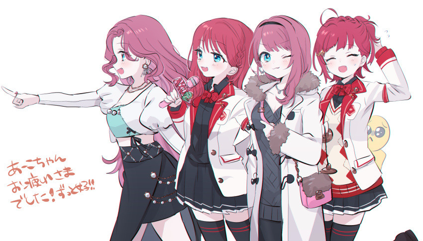 299_(horisso) 4girls :d ;3 asahina_akane_(1st_costume)_(nijisanji) asahina_akane_(2nd_costume)_(nijisanji) asahina_akane_(3rd_costume)_(nijisanji) asahina_akane_(nijisanji) bag black_hairband black_shirt black_skirt black_sweater blazer blue_eyes bow bowtie coat cropped_jacket dress emoji fang hairband handbag highres jacket long_hair microphone miniskirt multiple_girls multiple_persona nijisanji official_alternate_costume one_eye_closed pleading_face_emoji pleated_skirt red_bow red_bowtie red_hair school_uniform selene_girls_school_uniform shirt short_hair skirt smile sweater sweater_dress very_long_hair virtual_youtuber white_coat white_jacket