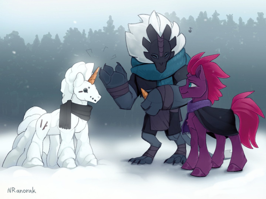 anoraknr blue_eyes broken_horn carrot cloak clothing equid equine food friendship_is_magic hasbro horn mammal my_little_pony my_little_pony:_the_movie_(2017) outside plant scarf snowman tempest_shadow_(mlp) unicorn vegetable yeti