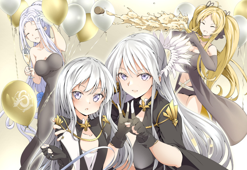 4girls alcohol anniversary azur_lane balloon champagne dress elbow_gloves enterprise_(azur_lane) enterprise_(heroic_finery)_(azur_lane) evening_gown fingerless_gloves gloves highres hornet_(azur_lane) hornet_(bubbly_anniversary!)_(azur_lane) little_enterprise_(azur_lane) long_hair madakov_kodima multiple_girls official_alternate_costume v yorktown_(azur_lane)