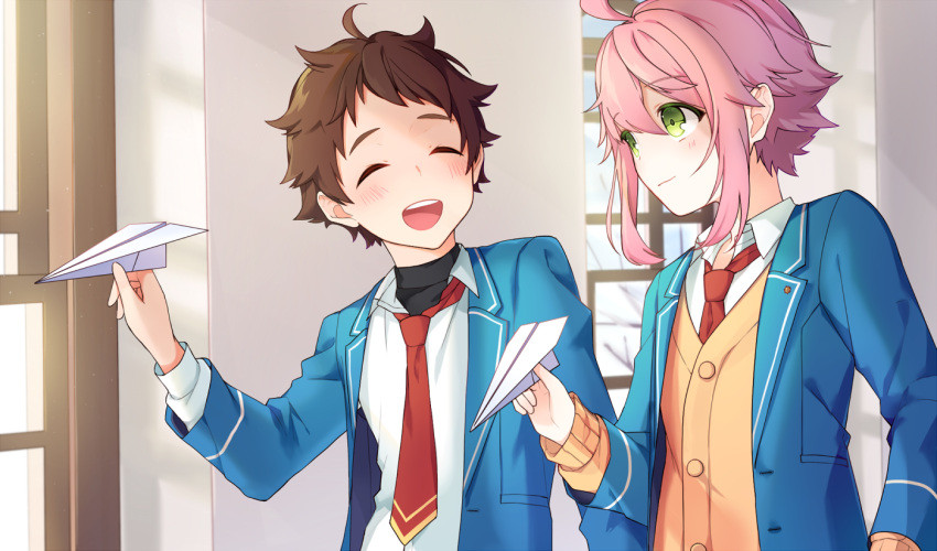 2boys ahoge brown_hair closed_eyes collared_shirt commentary ensemble_stars! green_eyes himemiya_tori holding_paper_airplane koll long_sleeves male_focus multiple_boys necktie paper_airplane pink_hair red_necktie school_uniform shirt sidelocks symbol-only_commentary teeth tenma_mitsuru upper_teeth_only yumenosaki_school_uniform