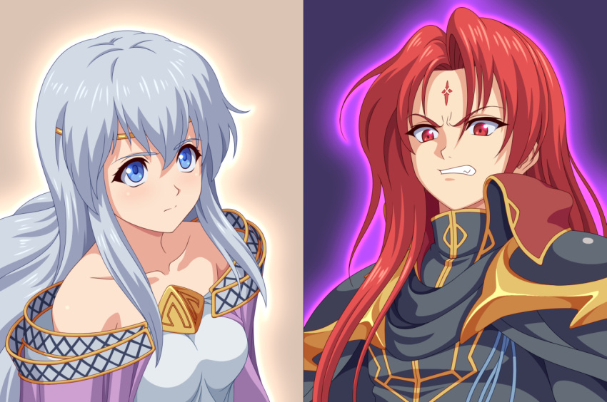 1boy 1girl bare_shoulders black_cape black_coat blue_eyes breasts brother_and_sister cape circlet coat dress faceoff facial_mark fire_emblem fire_emblem:_genealogy_of_the_holy_war forehead_mark ibushi_(oath) julia_(fire_emblem) julius_(fire_emblem) long_hair red_eyes red_hair scowl siblings simple_background twins white_hair