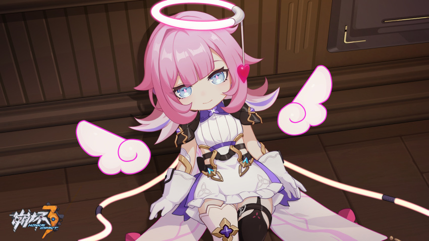1girl black_thighhighs blue_eyes breasts chinese_commentary closed_mouth elf_elysia gloves halo heart highres honkai_(series) honkai_impact_3rd indoors logo looking_at_viewer medium_breasts medium_hair official_art official_wallpaper on_floor open_hands smile thighhighs white_gloves white_thighhighs wings