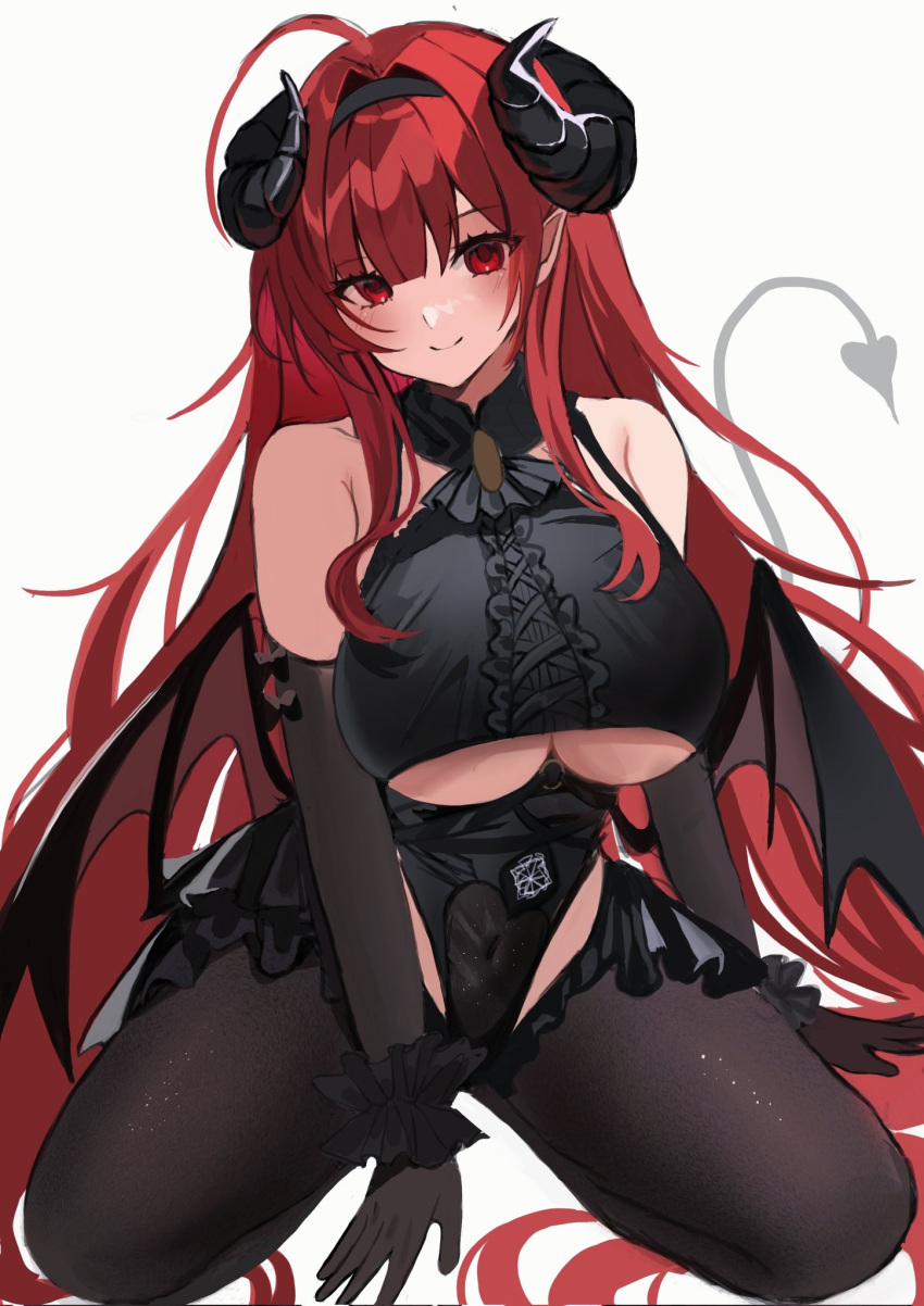 1girl ahoge azur_lane bare_shoulders black_gloves black_headband black_horns breasts center_cross_lace center_frills clothing_cutout covered_navel curled_horns demon_girl demon_tail demon_wings elbow_gloves frilled_gloves frills gloves headband highres hindenburg_(azur_lane) horns komuer large_breasts long_hair looking_at_viewer pantyhose pointy_ears red_hair red_pupils simple_background solo tail underboob underboob_cutout very_long_hair white_background wings