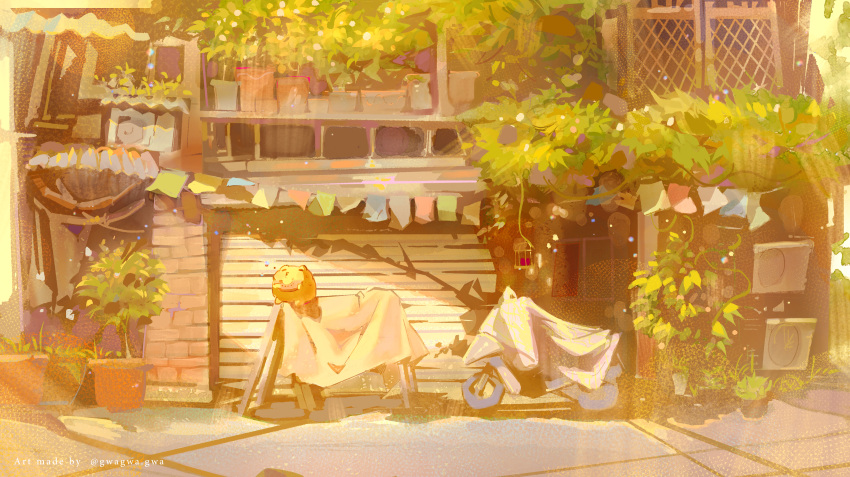absurdres air_conditioner birdcage brick_wall building cage commentary english_commentary garage gwagwagwa highres motor_vehicle motorcycle nature no_humans original outdoors pixiv_username plant potted_plant scenery shadow tarpaulin tree vines watermark