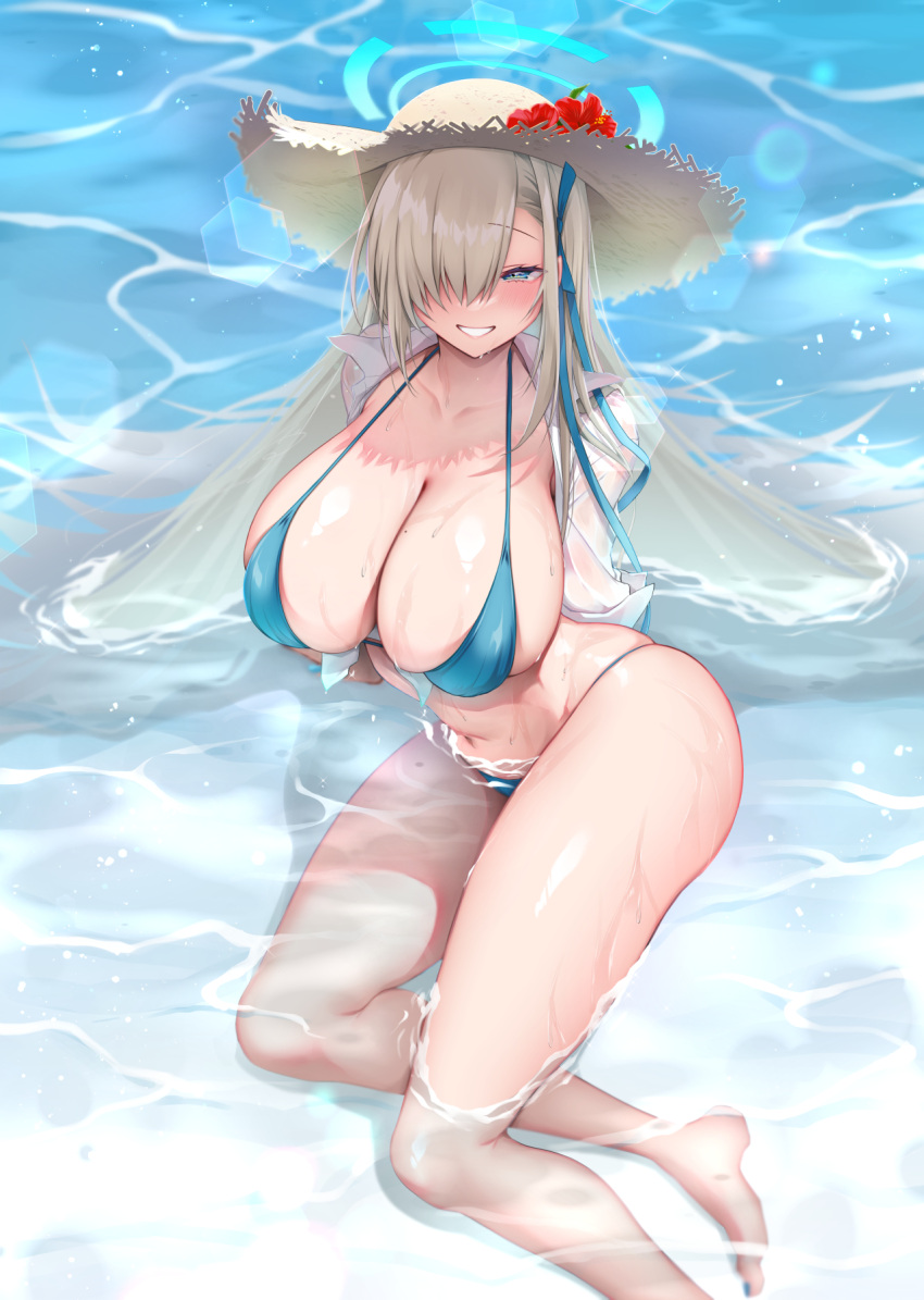 1girl asuna_(blue_archive) bare_shoulders bikini blue_bikini blush breasts chikage_(blackclownery) cleavage collarbone grin hair_over_one_eye halo hat highres large_breasts light_brown_hair long_hair looking_at_viewer mole mole_on_breast navel smile solo straw_hat swimsuit very_long_hair wet