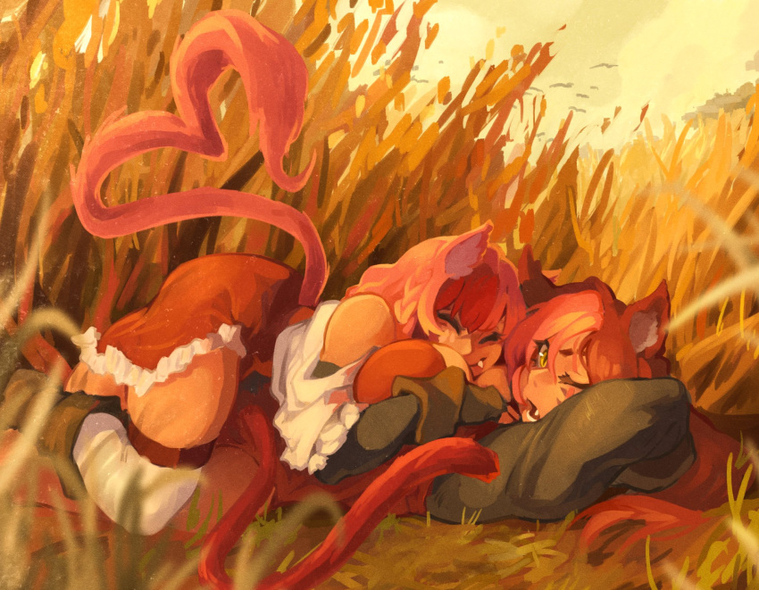 2girls animal_ears arms_behind_head brown_hair cat_ears cat_tail closed_eyes cloud cloudy_sky fang final_fantasy final_fantasy_xiv grass highres khyle. lying miqo'te multiple_girls one_eye_closed pink_hair sabrith_ebonclaw sky tail tayelle_ebonclaw yuri
