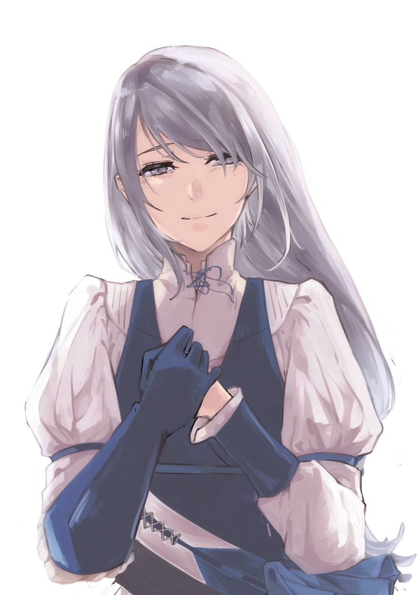 1girl belt blue_gloves blue_necktie blush closed_mouth elbow_gloves final_fantasy final_fantasy_xvi gauntlets gloves grey_hair hand_on_own_chest happy_tears highres holding_own_arm jill_warrick long_hair looking_at_viewer necktie own_hands_together puffy_sleeves ribbon shirt simple_background single_elbow_glove single_gauntlet single_glove smile solo tears ttttomo_en upper_body white_background white_shirt