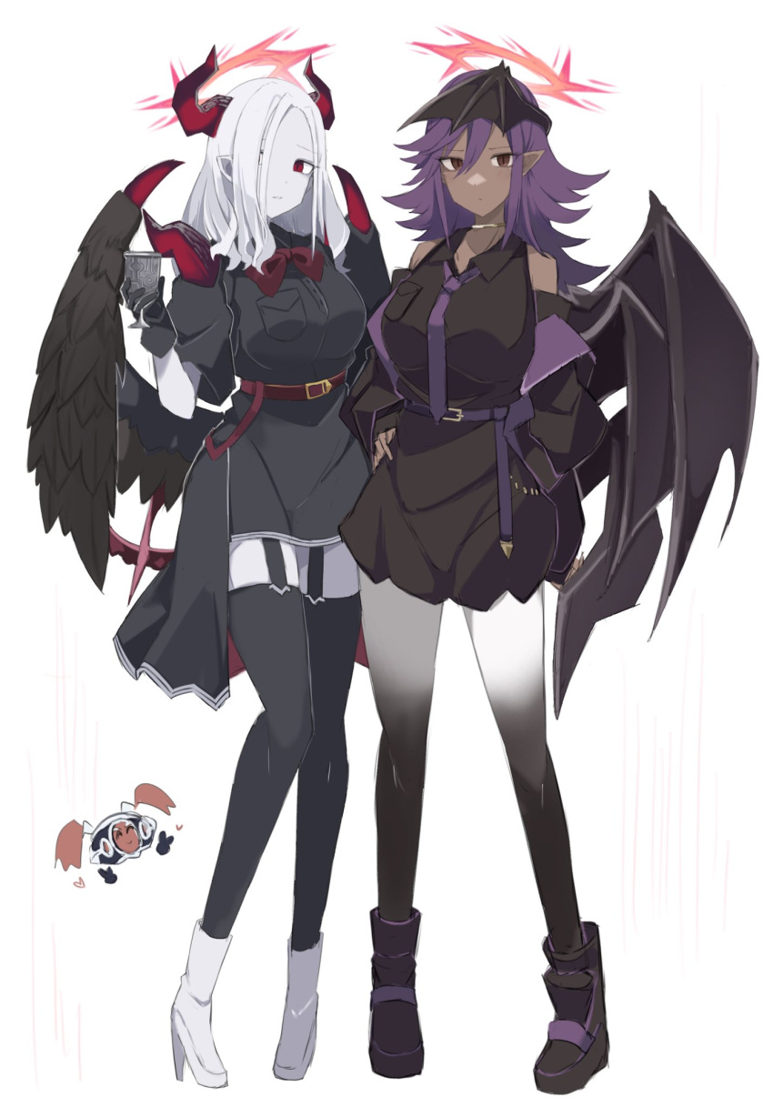 2girls bare_shoulders belt black_gloves breasts brown_eyes condemned_darklord cup darklord_ixchel darklord_superbia demon_horns demon_wings detached_sleeves dress duel_monster feathered_wings full_body garter_straps gloves gradient_skin halo head_wings high_heels highres holding holding_cup horns long_sleeves multiple_girls pointy_ears purple_hair red_eyes red_halo sakuragi_raia short_sleeves skirt thighhighs white_hair white_skirt wings yu-gi-oh!