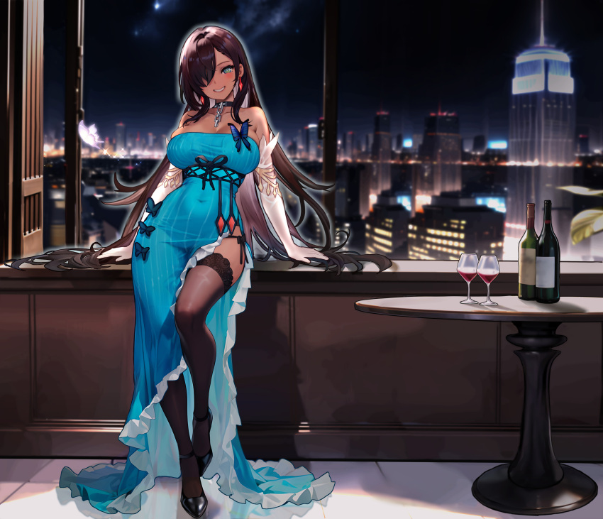 1girl absurdres alcohol black_footwear black_thighhighs blue_dress blush bottle breasts brown_hair bug butterfly choker city commission cup dress drinking_glass earrings elbow_gloves full_body gloves grey_eyes hair_over_one_eye high_heels highres indoors jewelry large_breasts long_dress long_hair looking_at_viewer necklace off-shoulder_dress off_shoulder original parted_lips pixiv_commission shoes smile solo table thighhighs white_gloves window wine wine_bottle wine_glass yoyoleaf