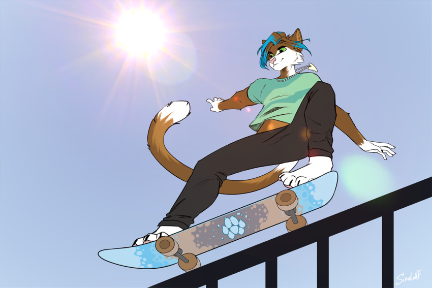 2023 4_toes 5_fingers anthro brown_body brown_fur clothed clothing day digital_media_(artwork) domestic_cat feet felid feline felis fingers fur male mammal outside sinalanf sky smile solo sun toes white_body white_fur