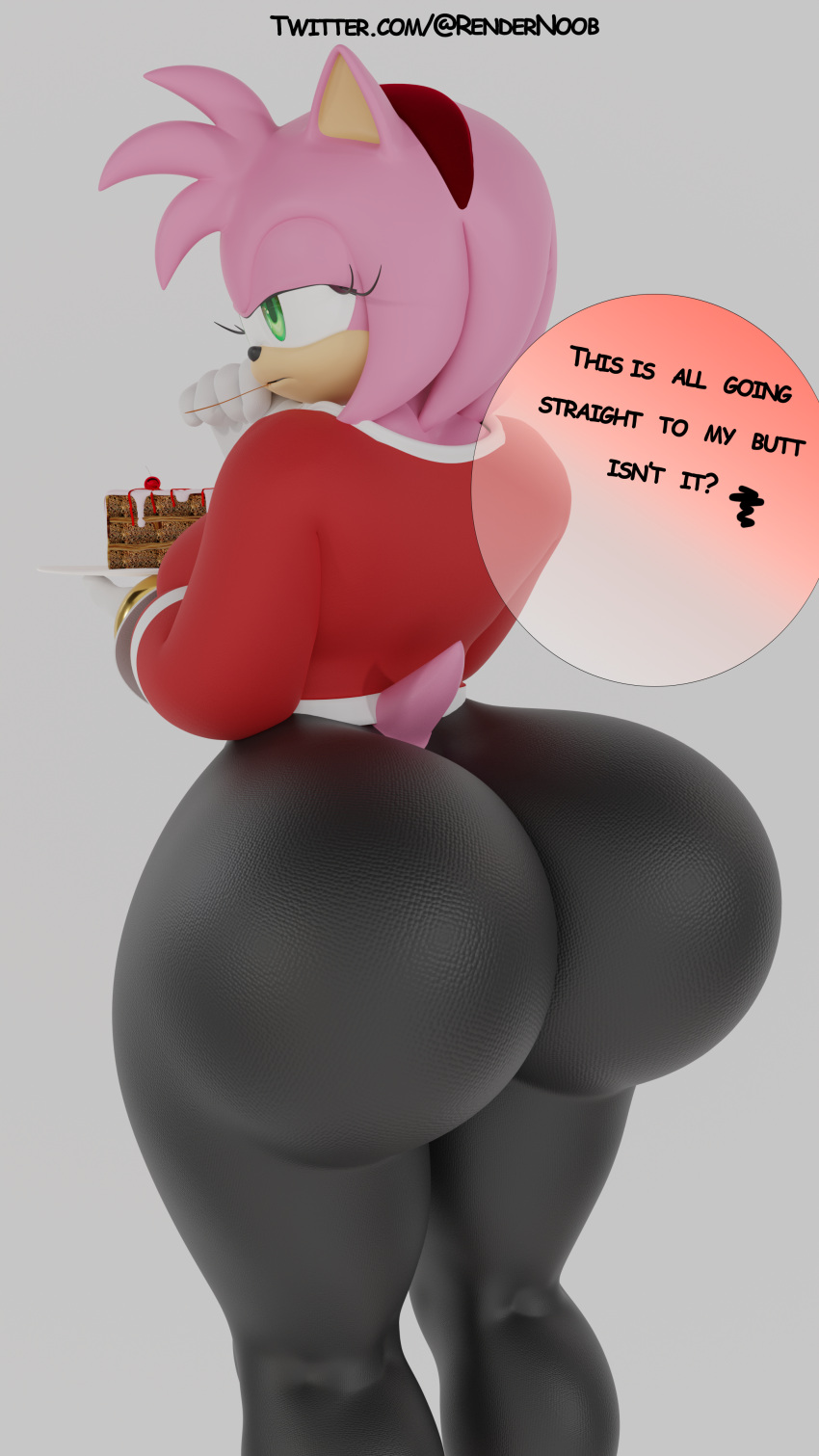 3d_(artwork) 3drendernoob absurd_res accessory amy_rose anthro big_butt blender_(software) blender_cycles butt cake clothing dessert digital_media_(artwork) eulipotyphlan female food green_eyes headband hedgehog hi_res huge_butt humanoid jacket leggings legwear mammal sega solo sonic_the_hedgehog_(series) tail thought_bubble topwear