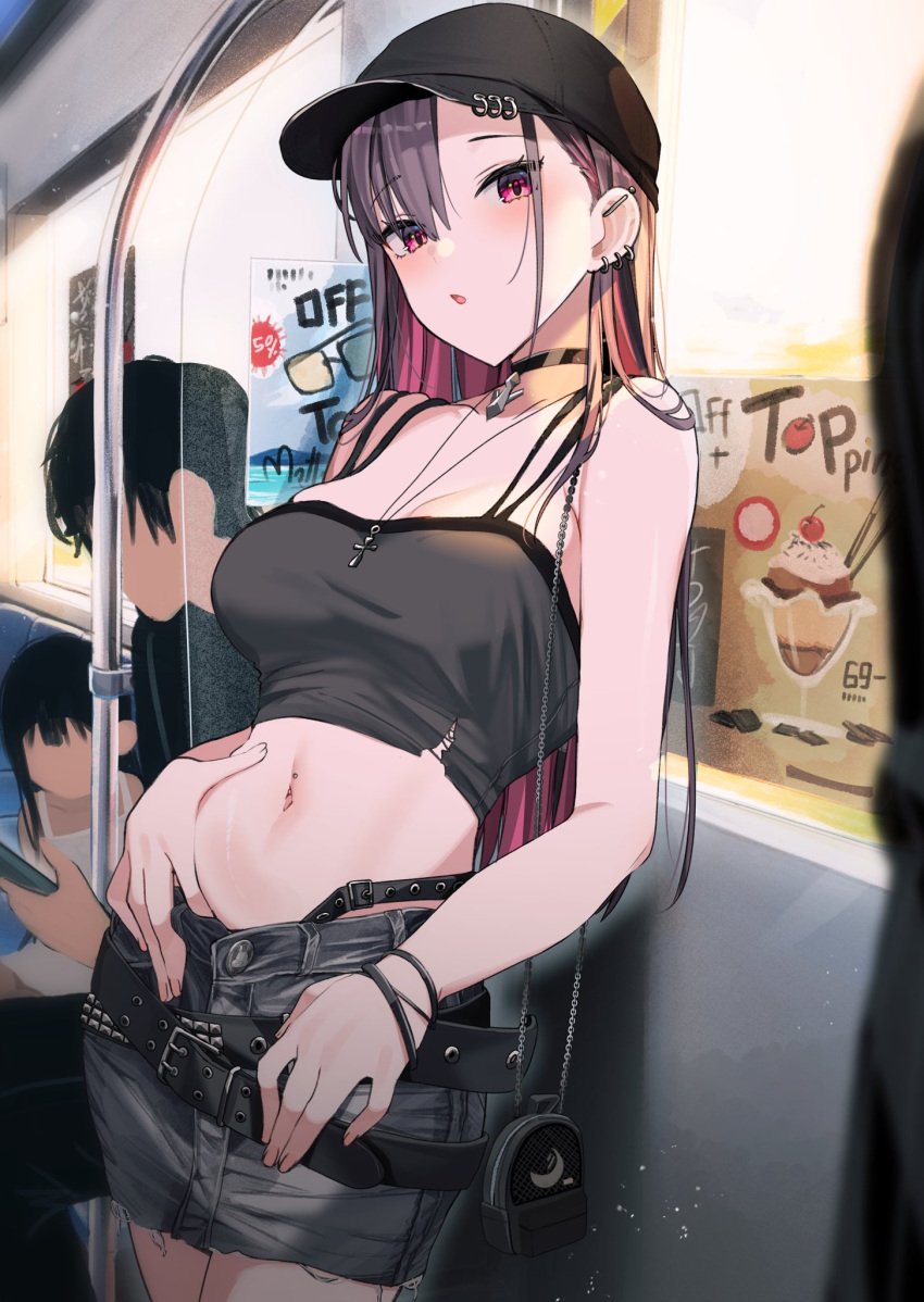 1boy 2girls bag bangs bare_arms bare_shoulders belt black_belt black_headwear black_shirt blush breasts buttons cleavage crop_top ear_piercing earrings highres jewelry large_breasts looking_at_viewer miniskirt motto_notto multiple_girls navel navel_piercing necklace open_mouth original piercing purple_eyes shirt shorts sitting skirt stomach torn_clothes torn_skirt train_interior