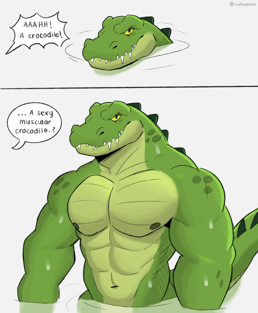 2023 abs admiring anthro artist_name back_spines barazoku black_nipples countershade_face countershade_neck countershade_scales countershade_tail countershade_torso countershading crocodile crocodilian crocodylid deltoids digital_media_(artwork) dripping dripping_wet english_text exclamation_point fangs green_body green_scales green_spines green_tail hi_res looking_at_viewer male mouth_closed muscular muscular_anthro muscular_arms muscular_male muscular_neck navel neutral_expression nipples nude partially_submerged pecs question_mark reptile ruffusbleu scales scalie simple_background solo speech_bubble spines tail teeth text unseen_character white_background yellow_eyes