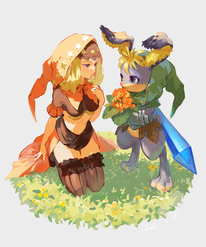 1boy 1girl absurdres armor black_veil blonde_hair blue_eyes blush bouquet breastplate brown_thighhighs cornelius_(odin_sphere) flower frilled_thighhighs frills full_body gauntlets grass hand_on_own_chest highres holding holding_bouquet hood hood_up kneeling looking_at_another mossan351 navel odin_sphere rabbit skirt smile standing sword thighhighs veil velvet_(odin_sphere) weapon weapon_on_back white_background