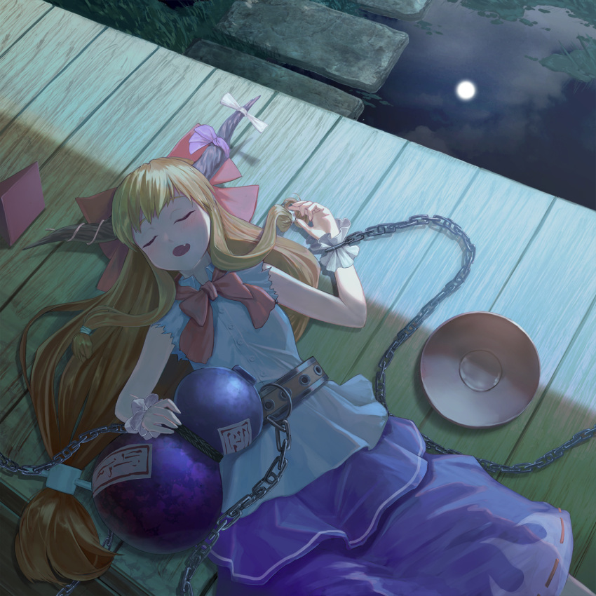 1girl belt belt_chain blue_skirt blush bow bowtie buttons chain closed_eyes cloud collared_shirt cuffs cup fang feet_out_of_frame full_moon gourd hair_bow highres horn_bow horn_ornament horn_ribbon horns ibuki_suika long_hair low-tied_long_hair lying matumasima moon night ofuda on_back oni open_mouth orange_hair porch purple_ribbon pyramid_(geometry) red_bow red_bowtie reflection ribbon ribbon-trimmed_skirt ribbon_trim sakazuki shirt sidelocks skirt sleeping sleeveless sleeveless_shirt solo stepping_stones touhou very_long_hair water white_bow white_ribbon white_shirt wooden_floor wrist_cuffs