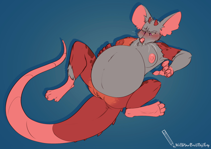 anthro breasts claws dragon embarrassed female female/female flustered frustrated genitals horn iwilldrawalmostanything mammal mouse murid murine nipples nude pregnant pregnant_female pussy red_(jackiez) rodent simple_background solo species_transformation transformation