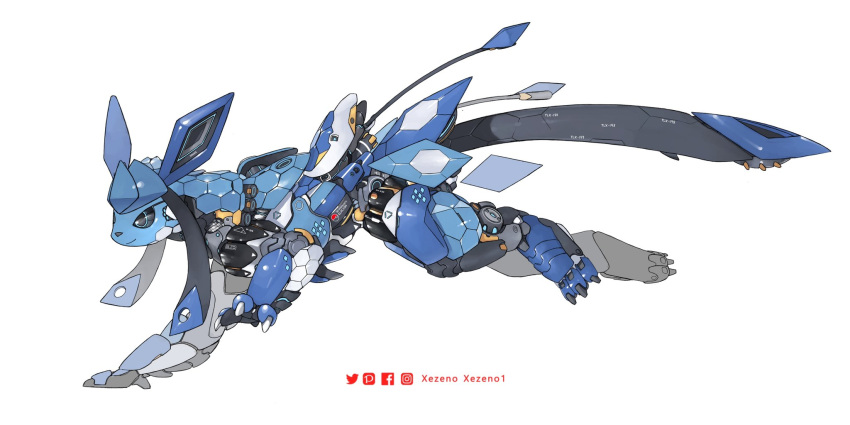 animal_focus artist_name black_sclera colored_sclera commentary english_commentary facebook_logo facebook_username floating from_side glaceon highres instagram_logo instagram_username mecha mechanization no_humans pixiv_logo pixiv_username pokemon pokemon_(creature) robot running simple_background solo twitter_logo twitter_username white_background xezeno