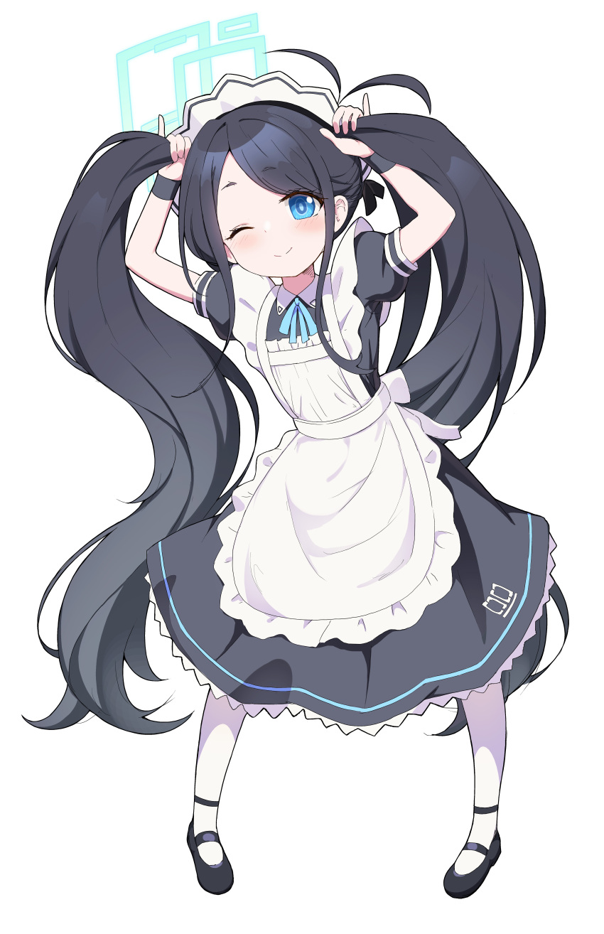 1girl ;) absurdres apron aris_(blue_archive) aris_(maid)_(blue_archive) arms_up black_dress black_hair blue_archive blue_eyes blue_halo blush bunching_hair closed_mouth commentary dress english_commentary full_body halo highres long_dress long_hair looking_at_viewer maid maid_apron official_alternate_costume one_eye_closed pantyhose puffy_short_sleeves puffy_sleeves qkracho_(thesdroz) ringed_eyes short_sleeves simple_background smile solo tareme twintails very_long_hair waist_apron white_apron white_background white_pantyhose