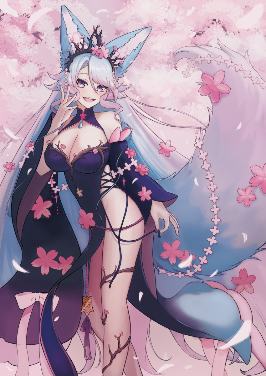 1girl absurdres akane_color35 animal_ear_fluff animal_ears bangs black_kimono black_sleeves blue_eyes blue_hair breasts cherry_blossoms cleavage cleavage_cutout clothing_cutout detached_sleeves flower hair_flower hair_ornament highres hip_vent japanese_clothes kimono large_breasts long_hair multicolored_hair multicolored_tail navel_cutout open_mouth pink_flower pink_hair pink_tail silvervale smile solo streaked_hair swept_bangs tail tail_flower tail_ornament vshojo wolf_ears wolf_girl wolf_tail