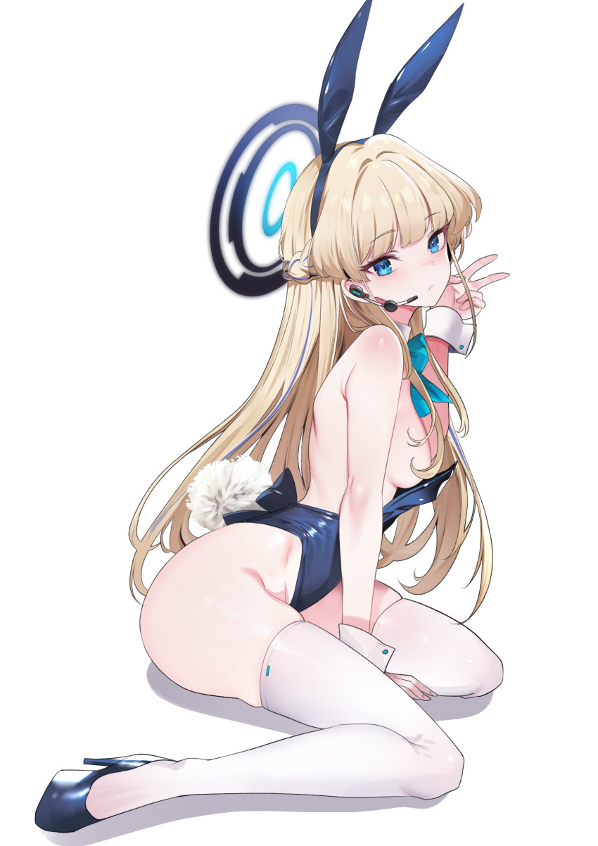1girl absurdres animal_ears bare_shoulders blonde_hair blue_archive blue_eyes blue_leotard blush bow bowtie braid breasts detached_collar earpiece fake_animal_ears french_braid halo high_heels highleg highleg_leotard highres leotard long_hair looking_at_viewer medium_breasts playboy_bunny rabbit_ears rabbit_tail sitting solo tail teddy_(khanshin) thighhighs toki_(blue_archive) toki_(bunny)_(blue_archive) v wariza white_thighhighs wrist_cuffs