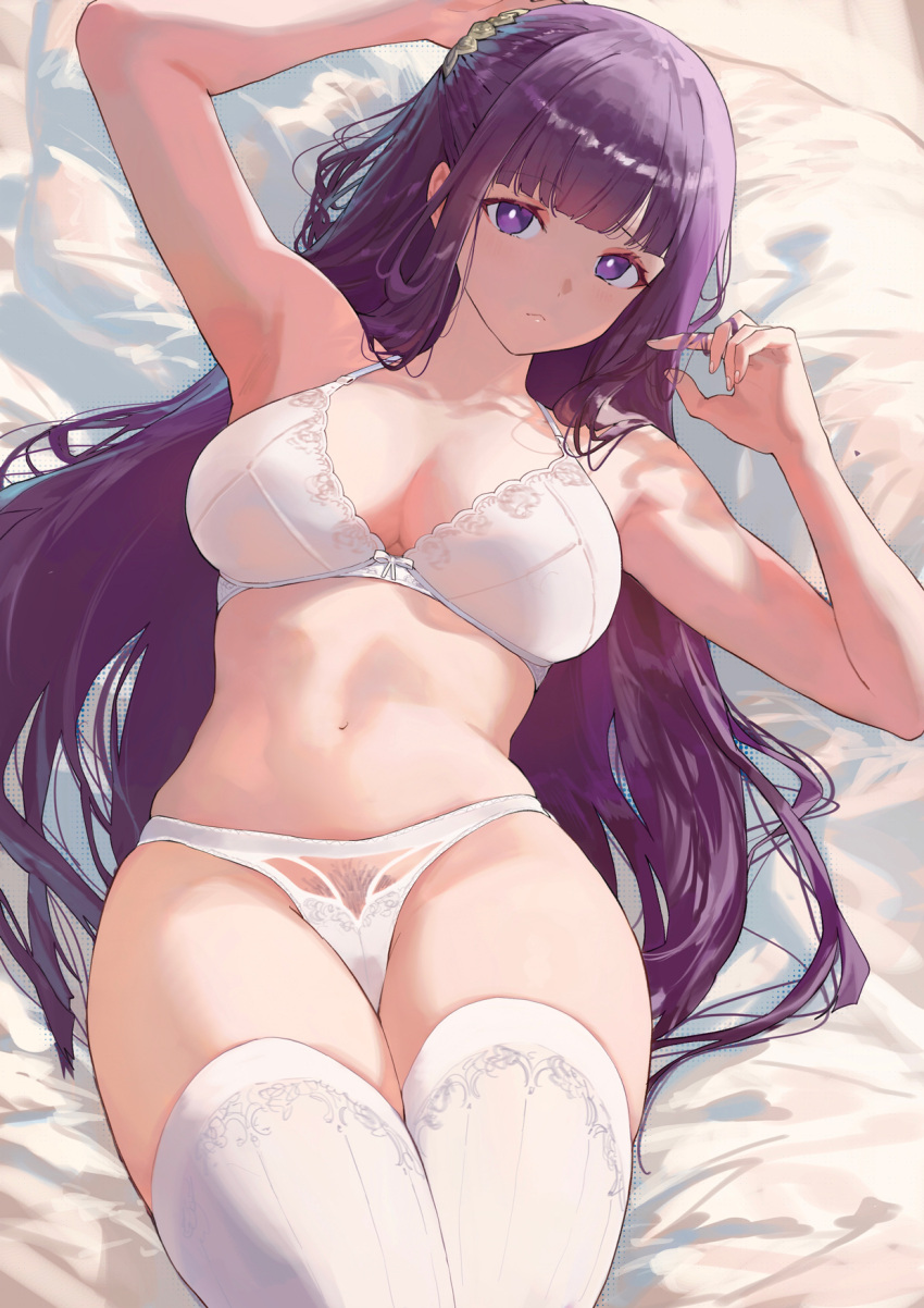 1girl bare_shoulders blunt_bangs bra breasts cleavage collarbone female_pubic_hair fern_(sousou_no_frieren) hair_ornament half_updo highres large_breasts long_hair looking_at_viewer navel panties pubic_hair purple_eyes purple_hair salmon88 sidelocks solo sousou_no_frieren thighhighs thighs underwear white_bra white_panties white_thighhighs