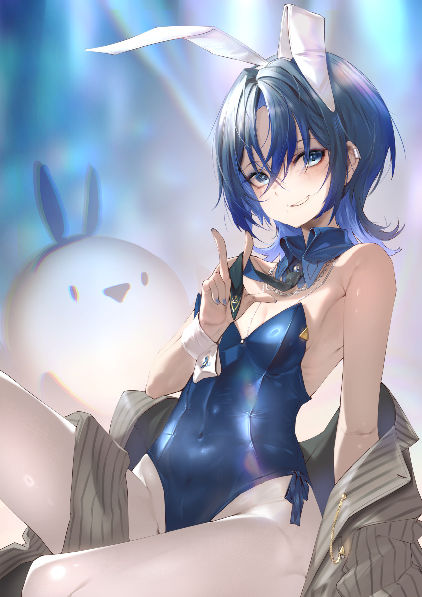1girl absurdres animal_ears black_necktie blue_collar blue_eyes blue_hair blue_leotard blue_nails blush breasts cleavage collar detached_collar fake_animal_ears flat_chest grey_jacket highres hiodoshi_ao hololive jacket leotard looking_at_viewer mole mole_under_mouth nail_polish necktie playboy_bunny pparus rabbit_ears smile solo strapless strapless_leotard striped striped_jacket v vertical-striped_jacket vertical_stripes virtual_youtuber white_wrist_cuffs