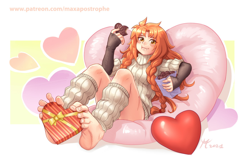 2021 bag bare_legs barefoot bow braid braided_bangs candy chocolate eating feet food foot_focus foot_hold full_mouth heart heart-shaped_chocolate heart_pillow holding holding_bag holding_food les_chevaucheurs long_hair long_sleeves looking_at_viewer maxa' messy_hair orange_hair patreon_username phenice_walholl pillow spread_toes striped sweater toes turtleneck turtleneck_sweater twin_braids white_background wrapped yellow_eyes