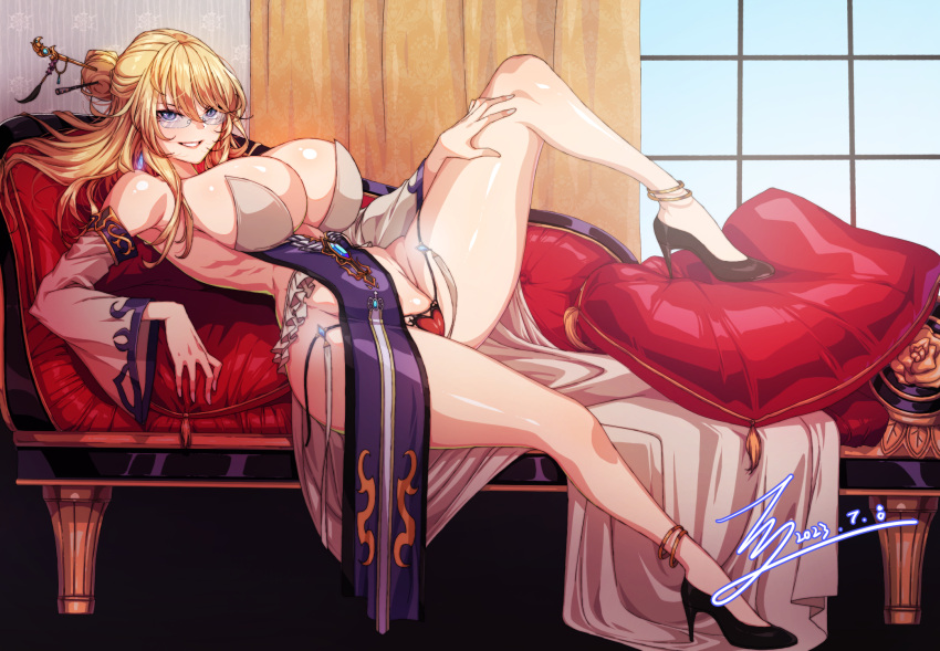 1girl anklet bare_legs blue_eyes breasts commission curtains detached_sleeves dungeon_and_fighter female_gunner_(dungeon_and_fighter) glasses hair_bun hair_ornament hairpin heart heart_panties heart_print high_heels highres jewelry large_breasts long_hair panties pelvic_curtain print_panties rantia smile solo teeth underwear window