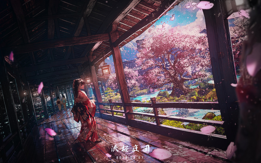 3girls absurdres architecture black_hair blurry cherry_blossoms cherry_tree cloud commentary_request dated depth_of_field east_asian_architecture fantasy garden grass highres japan japanese_clothes kimono lantern long_hair mountain multiple_girls original plant pond print_kimono railing red_kimono rei_(lappy_mofumofu) scenery standing wooden_floor