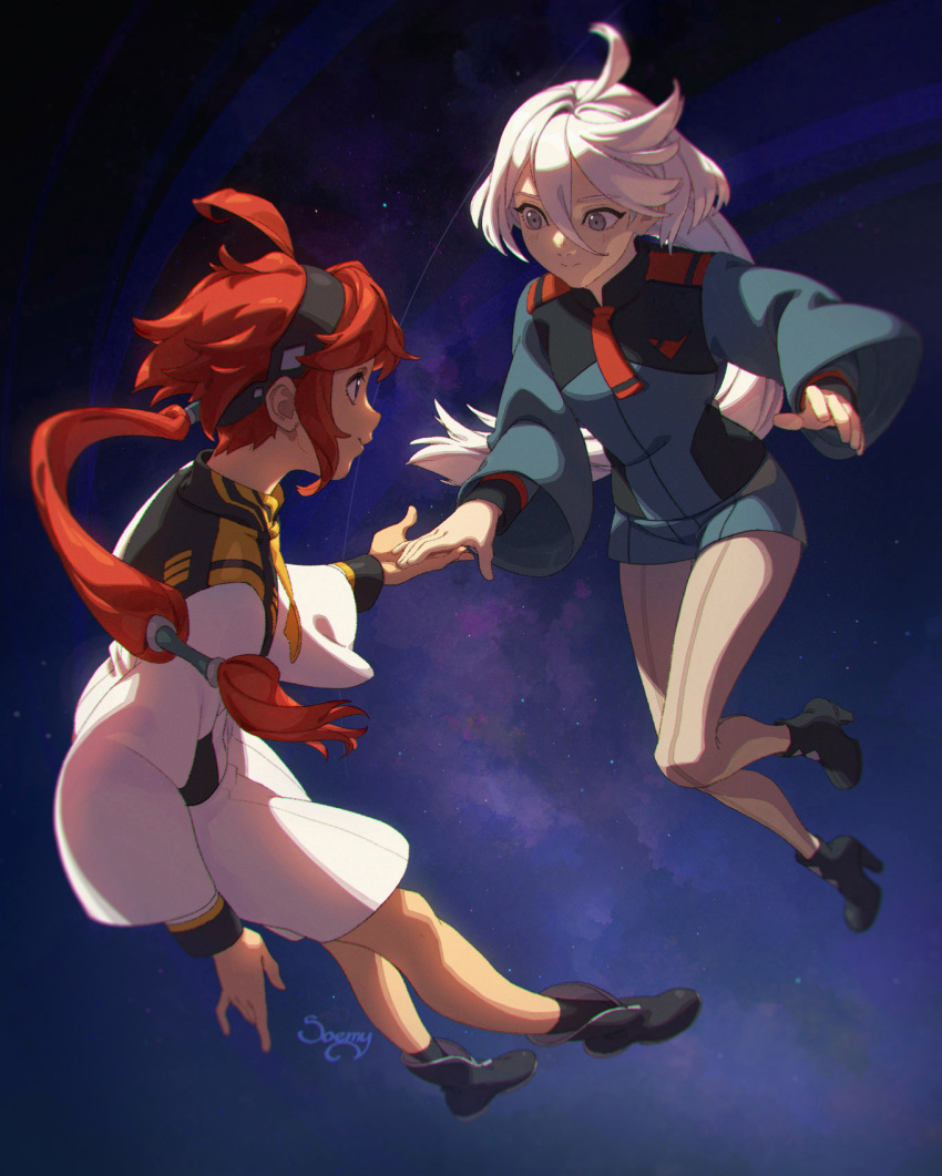 2girls ahoge black_footwear black_hairband blue_jacket blue_shorts boots brown_pantyhose closed_mouth commentary grey_eyes gundam gundam_suisei_no_majo hair_between_eyes hairband high_heel_boots high_heels highres jacket legwear_under_shorts long_hair miorine_rembran multiple_girls pantyhose profile red_eyes short_shorts shorts smile soemy space star_(sky) suletta_mercury symbol-only_commentary very_long_hair white_hair white_jacket white_shorts