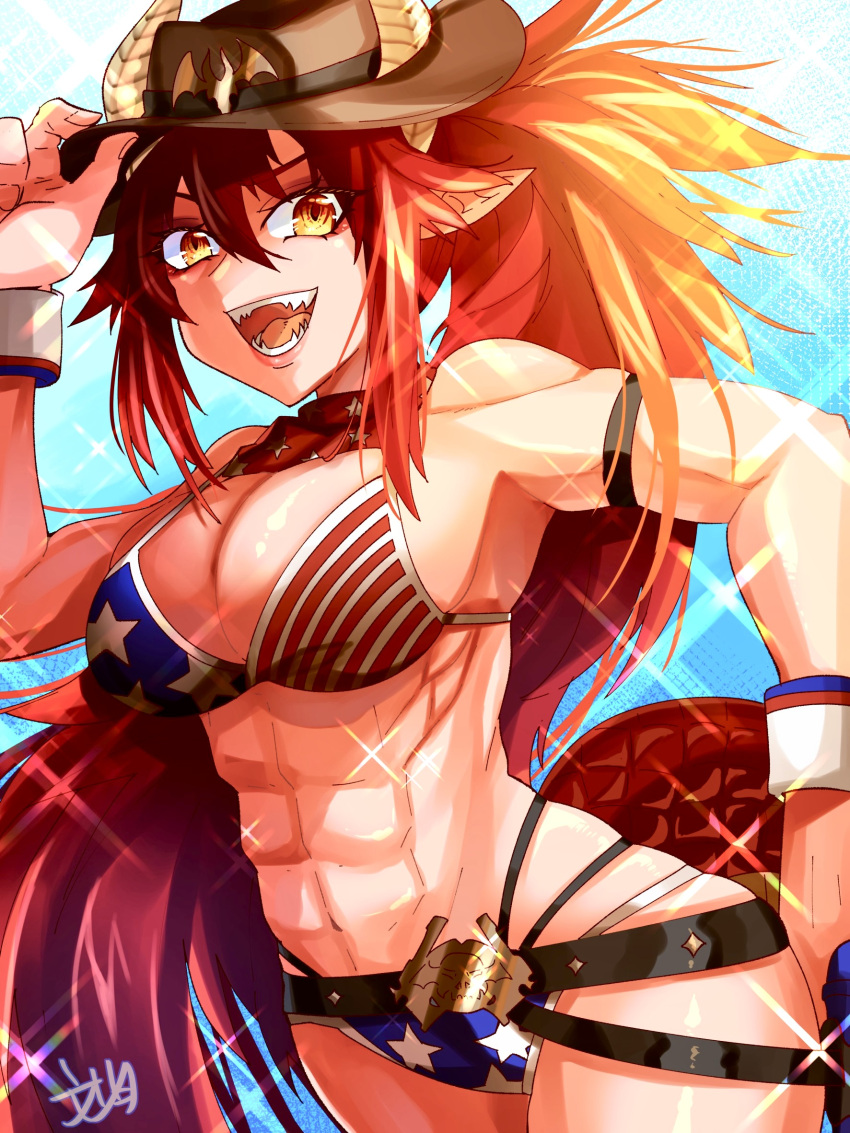 1girl abs american_flag american_flag_bikini belt bikini black_belt blue_bikini breasts brown_headwear cowboy cowboy_hat cowboy_western dragon_girl dragon_horns dragon_tail flag_print fumizuki_kazuhito hat highres horns large_breasts long_hair looking_at_viewer muscular muscular_female open_mouth pointy_ears red_bikini red_hair sharp_teeth sidelocks solo swimsuit tail teeth two-tone_bikini virtual_youtuber vshojo yellow_eyes zentreya_(vtuber) zentreya_(vtuber)_(cowboy_bikini) zentreya_(vtuber)_(dragon)