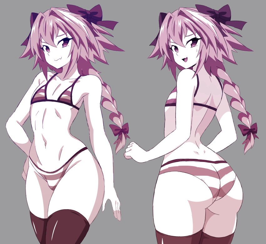 1boy absurdres abysswatchers astolfo_(fate) bikini black_thighhighs braid braided_ponytail bulge closed_mouth collarbone fate/apocrypha fate_(series) grey_background hair_between_eyes hair_intakes hand_on_own_hip highres long_hair looking_at_viewer looking_back multicolored_hair multiple_views nervous_smile open_mouth otoko_no_ko pink_eyes pink_hair simple_background smile solo striped striped_bikini sweatdrop swimsuit thighhighs white_hair