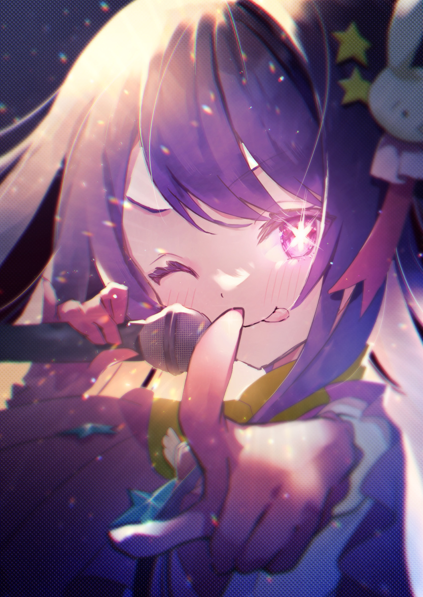 1girl blush closed_mouth commentary dress frilled_dress frills gloves hair_ornament heart highres holding holding_microphone hoshino_ai_(oshi_no_ko) idol long_hair microphone nekoponchiar one_eye_closed oshi_no_ko pink_dress pink_gloves pink_ribbon pointing pointing_at_viewer purple_eyes purple_hair rabbit_hair_ornament ribbon sidelocks solo star-shaped_pupils star_(symbol) star_hair_ornament swept_bangs symbol-shaped_pupils tongue tongue_out turtleneck_dress