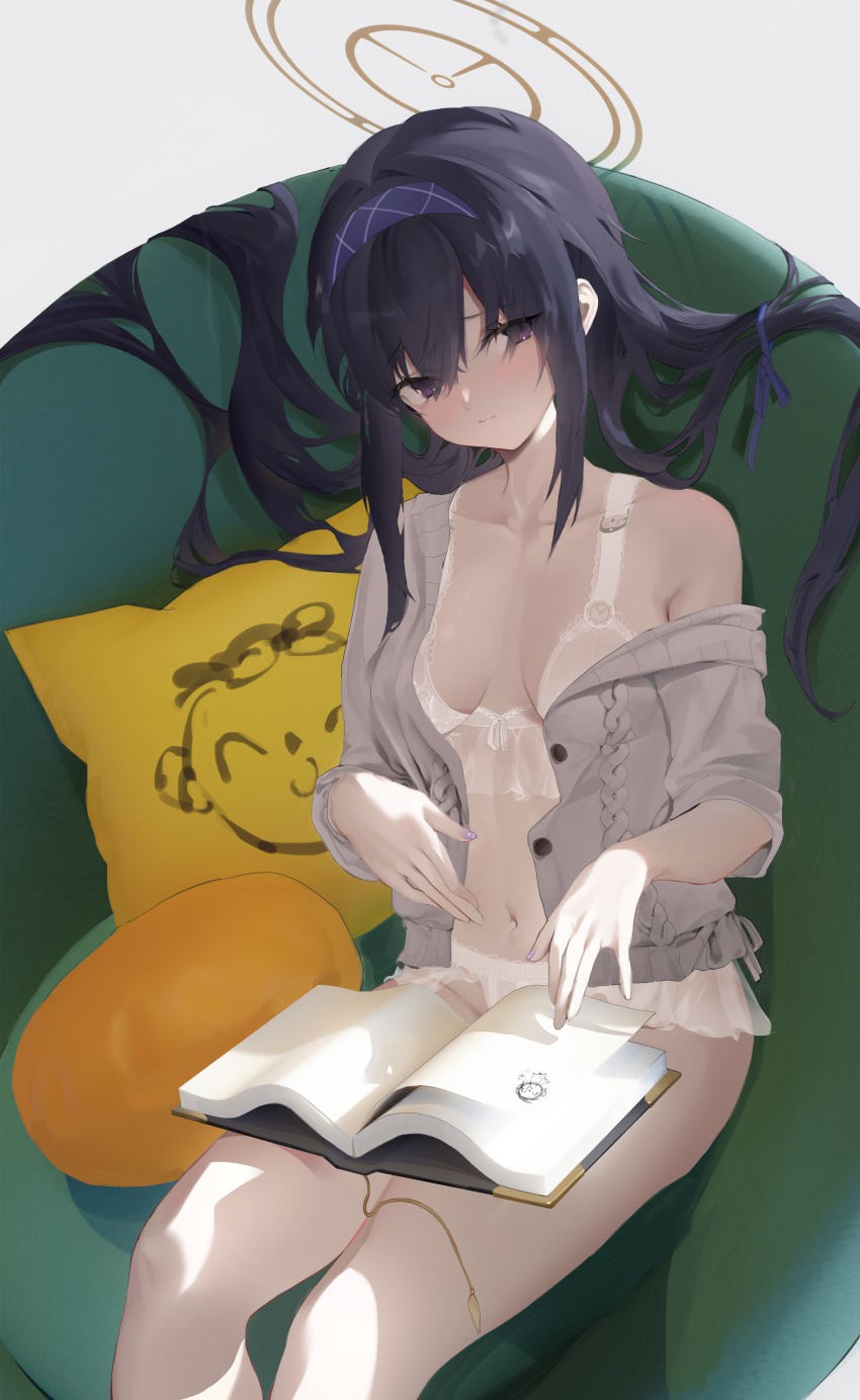 1girl absurdres arona's_sensei_doodle_(blue_archive) bean_bag_chair black_hair blue_archive blue_ribbon blush book bra breasts breasts_apart buttons cardigan closed_mouth dingding_(chongsangjun) hair_between_eyes hair_ribbon hairband halo highres light_smile lingerie looking_at_viewer low_twintails medium_breasts nail_art nail_polish navel open_book open_cardigan open_clothes panties pillow pink_nails purple_eyes ribbon sensei_(blue_archive) sidelocks sitting solo stomach twintails ui_(blue_archive) underwear white_bra white_panties