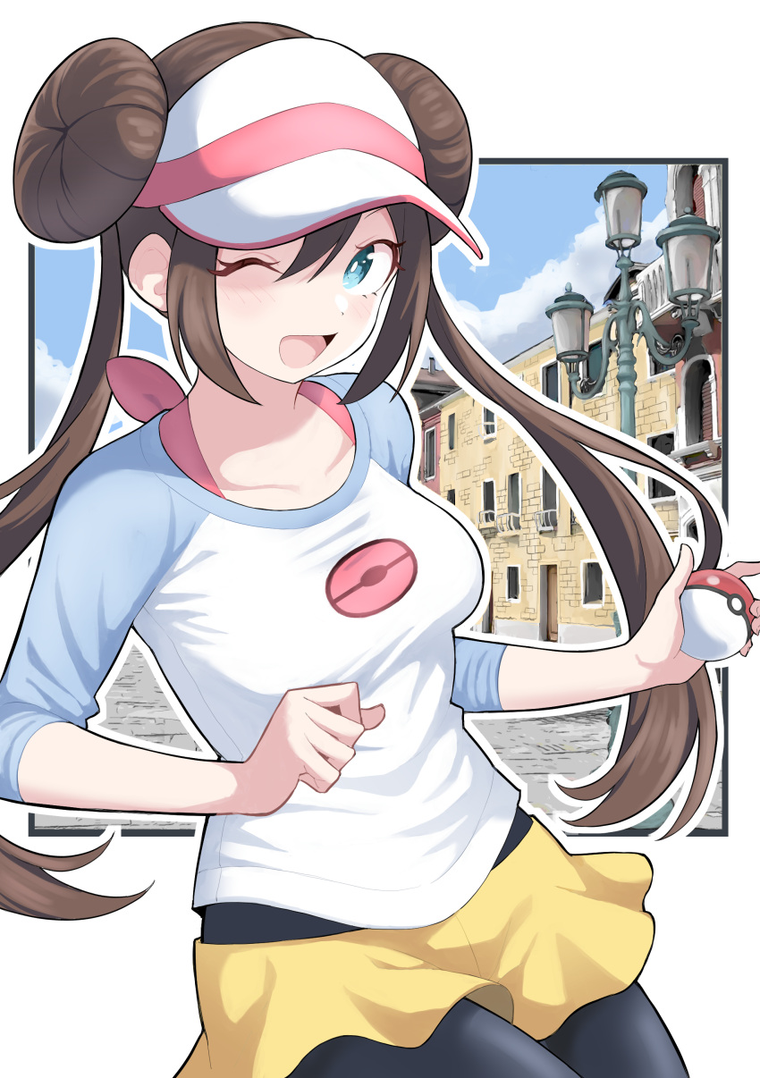1girl ;d absurdres black_pantyhose breasts brown_hair commentary_request day double_bun doughnut_hair_bun hair_bun highres holding holding_poke_ball long_hair one_eye_closed open_mouth outdoors outline pantyhose pantyhose_under_shorts poke_ball poke_ball_(basic) pokemon pokemon_(game) pokemon_bw2 raglan_sleeves rosa_(pokemon) short_shorts shorts sky smile solo tongue twintails visor_cap white_headwear yellow_shorts yuu_(vy6wh7hqrrxdxx7)