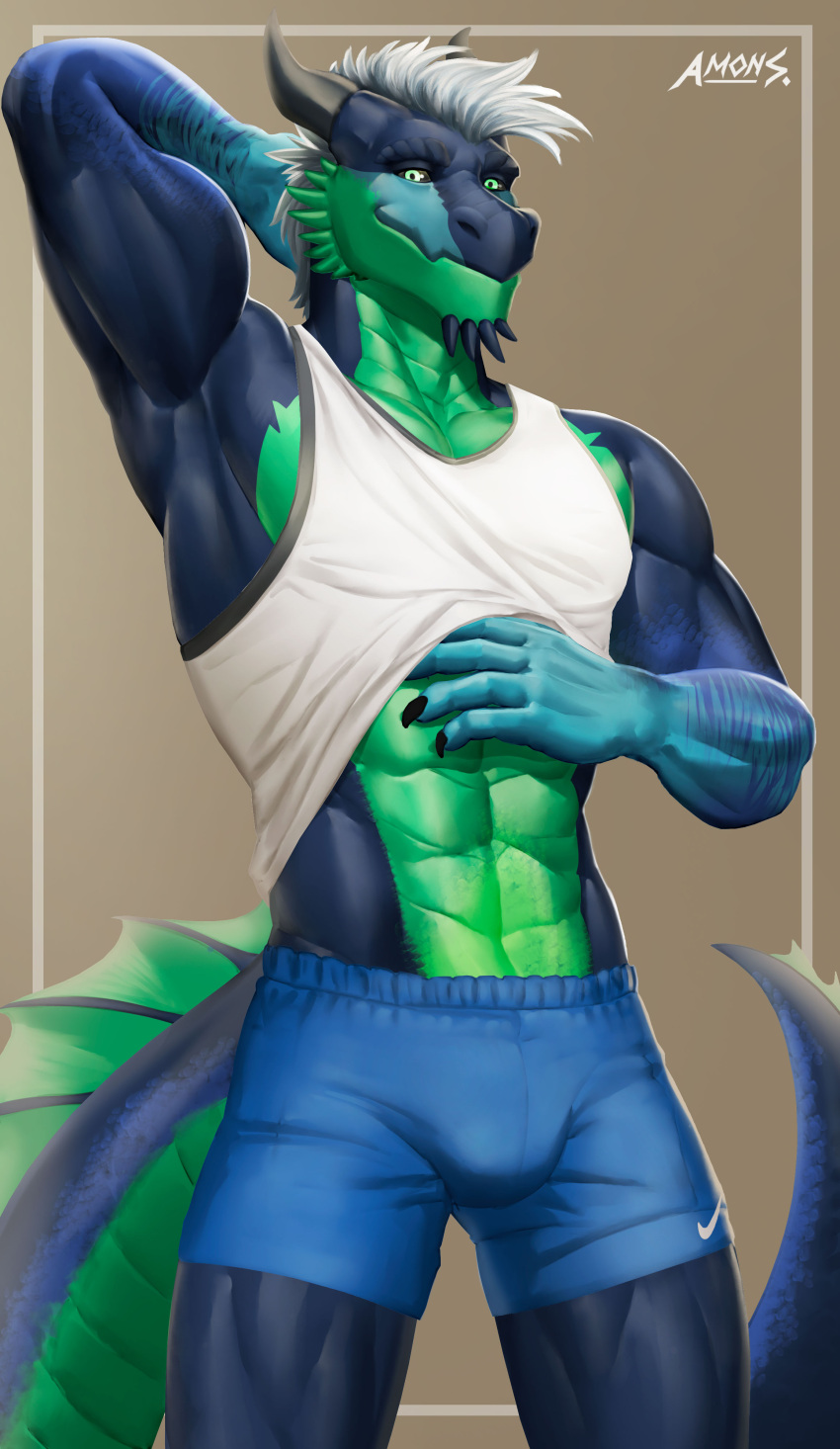 abs absurd_res amon-sydonai anthro aquatic_dragon athletic biceps big_tail black_sclera bottomwear brown_background claws clothed clothing clothing_lift dragon forked_tail green_eyes hair hand_behind_head hi_res horn hybrid leviathan looking_at_viewer male marine multicolored_body multicolored_tail muscular muscular_anthro muscular_male muscular_thighs mythology nike pecs pose ridged_tail scalie serratus shirt shirt_lift shorts simple_background solo spikes spiky_hair tail tails_(disambiguation) tan_background tank_top topwear unusual_anatomy unusual_tail watermark white_hair