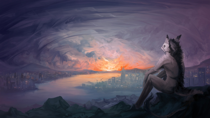 absurd_res anthro black_body black_fur city city_background cityscape cloud cloudscape detailed_background drunk_ferret fur hi_res light looking_back male melancholic sergal sitting sky solo sun sunlight sunset town white_body white_fur