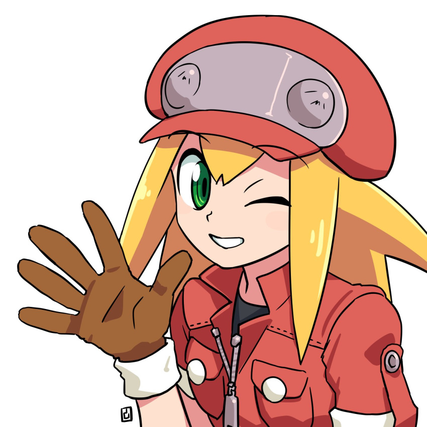 1girl black_shirt blonde_hair brown_gloves cabbie_hat commentary_request gloves green_eyes grin hand_up hat highres jacket looking_at_viewer mega_man_(series) mega_man_legends muu_(mumumer) one_eye_closed red_headwear red_jacket roll_caskett_(mega_man) shirt short_sleeves simple_background smile solo upper_body white_background