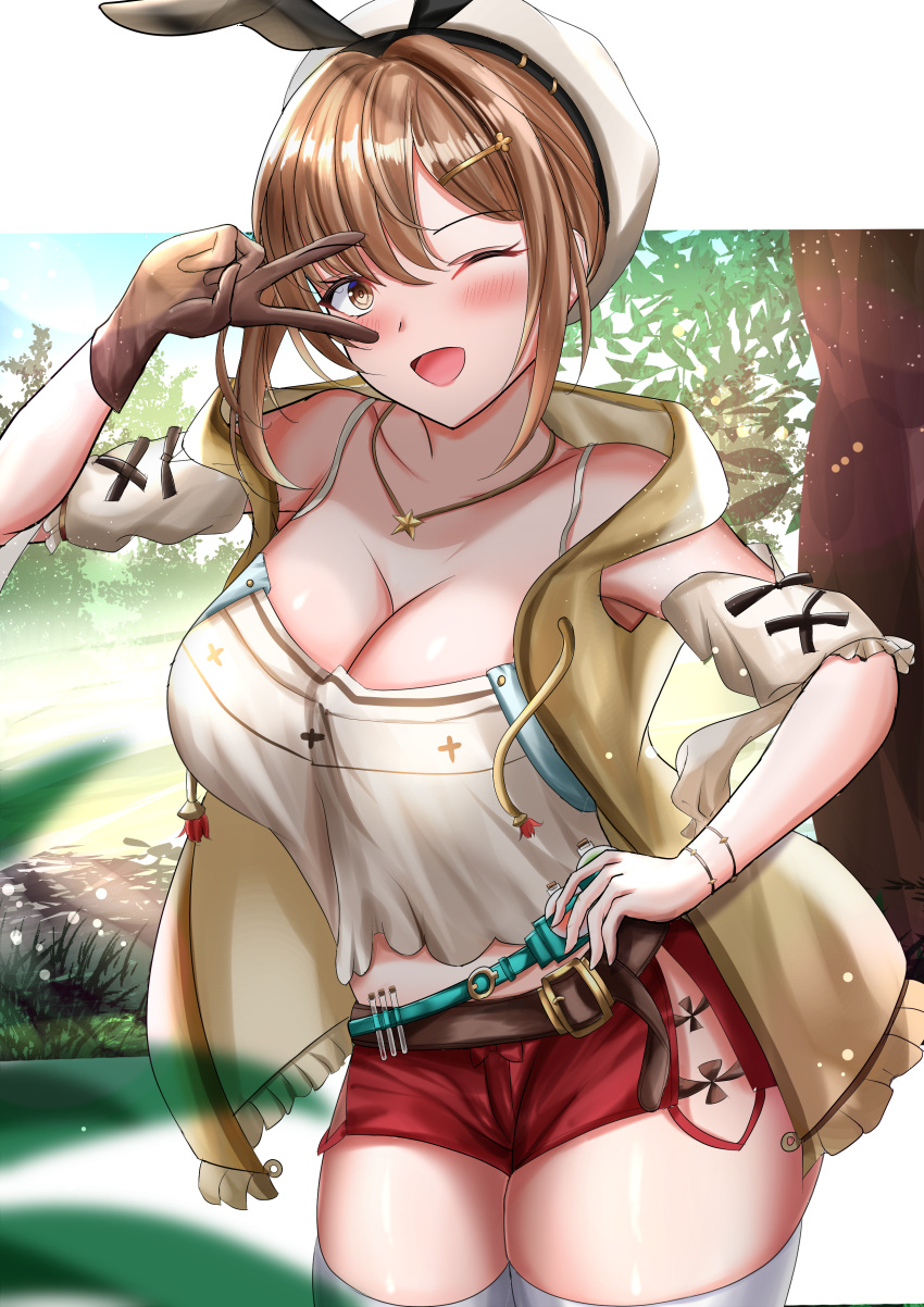 1girl absurdres akizuki_momiji atelier_(series) atelier_ryza atelier_ryza_1 belt blush breasts brown_eyes brown_gloves brown_hair commentary detached_sleeves gloves hair_ornament hairclip hand_on_own_hip hand_up highres jewelry large_breasts looking_at_viewer necklace one_eye_closed open_mouth red_shorts reisalin_stout short_hair short_shorts shorts single_glove smile solo star_(symbol) star_necklace thighhighs v_over_eye white_headwear white_thighhighs zettai_ryouiki