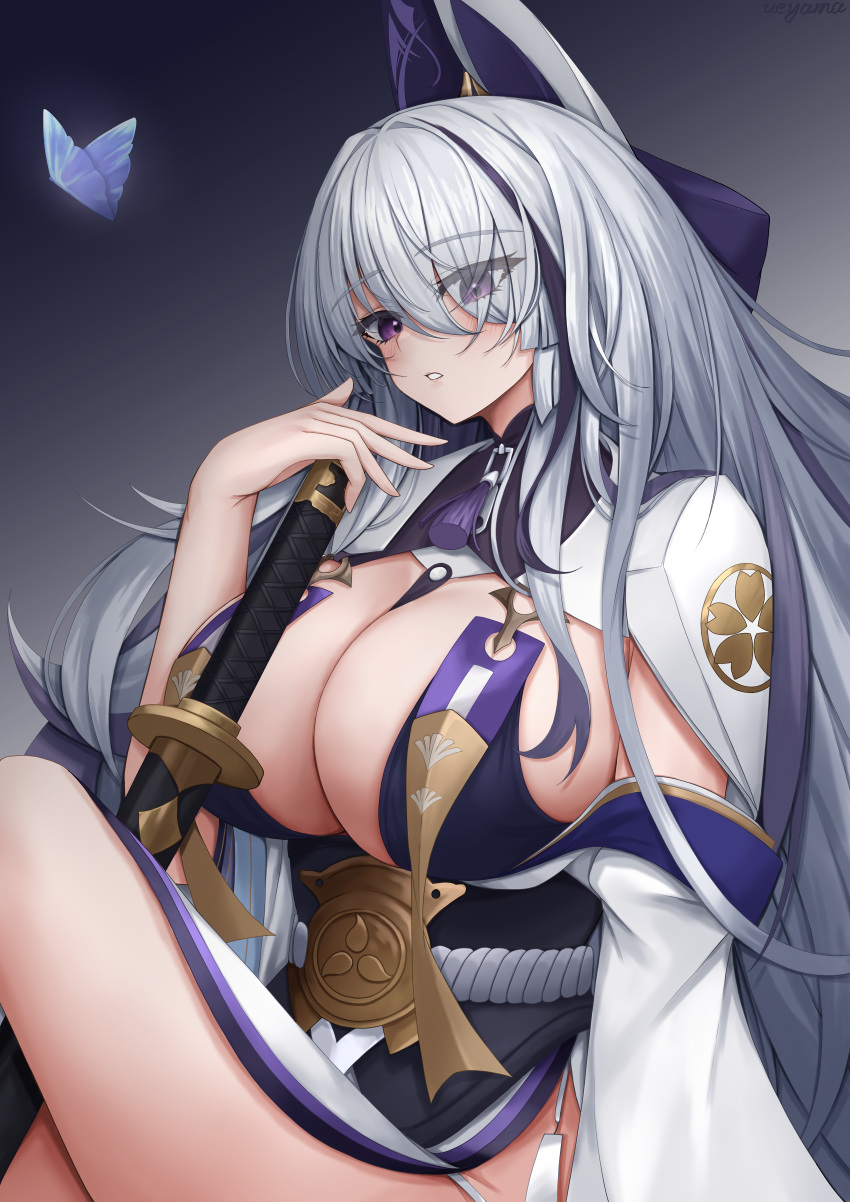 1girl absurdres azur_lane blush breasts bug butterfly eyes_visible_through_hair hair_over_one_eye highres japanese_clothes katana kimono knees_up large_breasts long_hair looking_at_viewer multicolored_hair parted_lips purple_eyes purple_hair revealing_clothes side_slit solo streaked_hair sword ueyama_0clock unzen_(azur_lane) weapon white_hair white_kimono