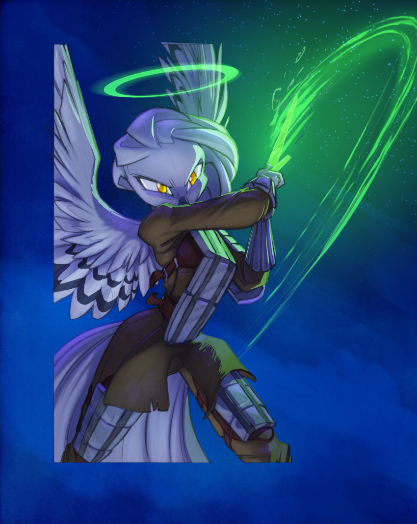 2023 action_pose ambiguous_species anthro armor avian back_wings beak biped bird black_clothing clothed clothing david_lillie dreamkeepers feathered_wings feathers female green_eyes hair halo hi_res holding_object holding_sword holding_weapon leg_armor long_hair melee_weapon pose simple_background solo species_request standing swinging sword vambrace weapon white_body white_hair white_wings wings